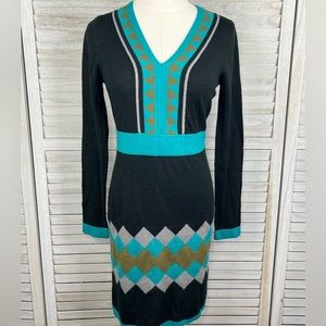 ROZ & ALI Sweater Dress Long Sleeve Bodycon Black w Geometric Print-Small
